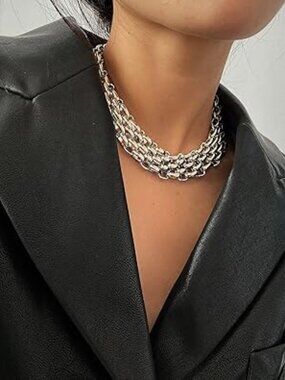 Layered Chain Necklace Silver Tone Chunky Cuban Statement Jewelry